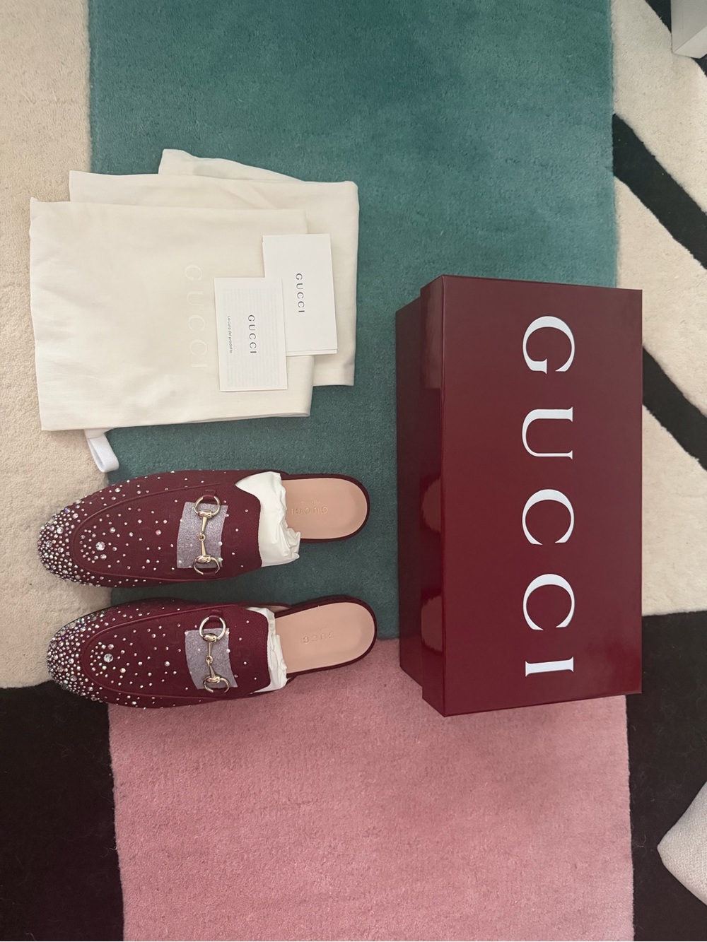 Gucci Burgundy Crystal Princetown Mules - Picture 2 of 6
